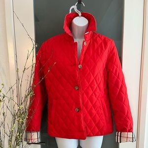 COPY - Cute casual red quilted jacket, Burberry style plaid lining on collar an…